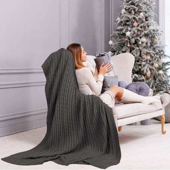 Cotton Cable Knit Throw Blanket Soft Throw Blankets for Sofa Bed Dark Grey - Picture 3 of 6